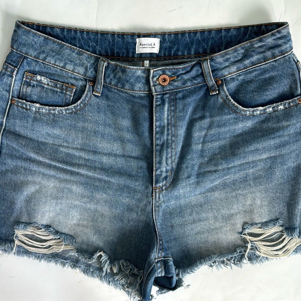 Special A Los Angeles High Rise Ripped Distressed Blue Jean Shorts Raw Hem Sz L‎
